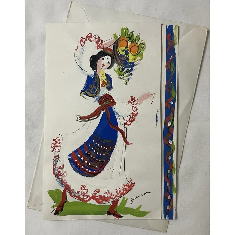 VTG Hand Painted Greeting Card w Envelope Woman Fruit Basket Folk Dress Mid OOAK